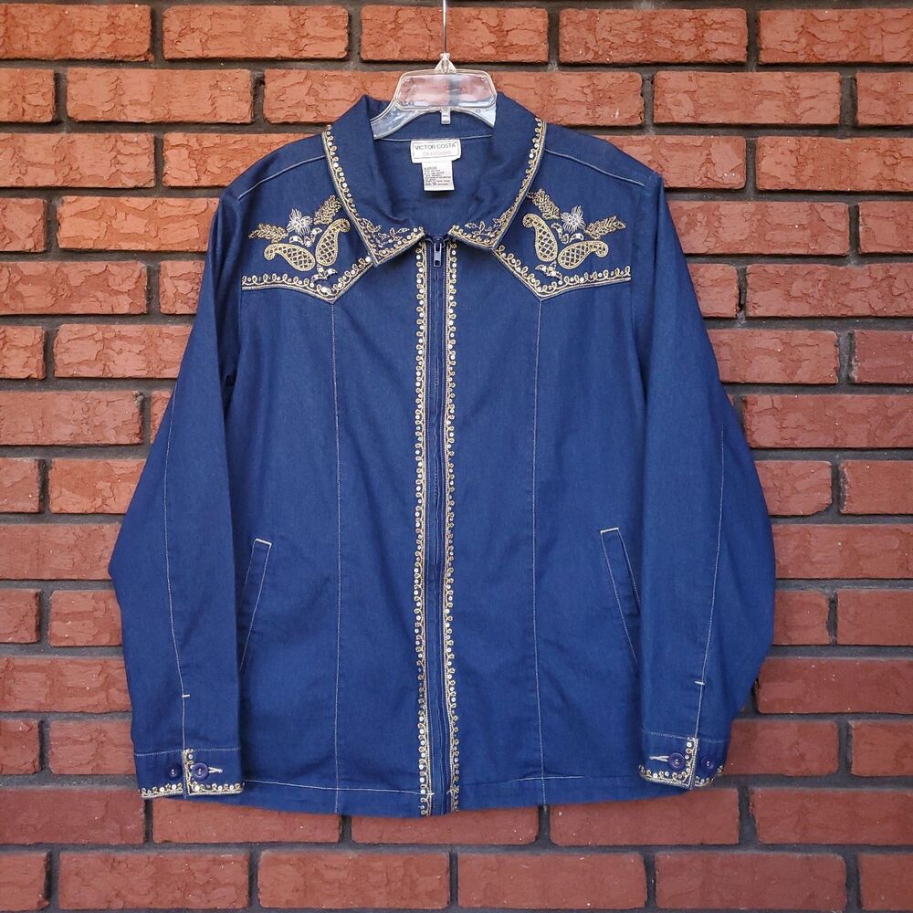Vintage Victor Costa Blue Denim Shacket 1X Zip Up Embroidered Sequins Western
